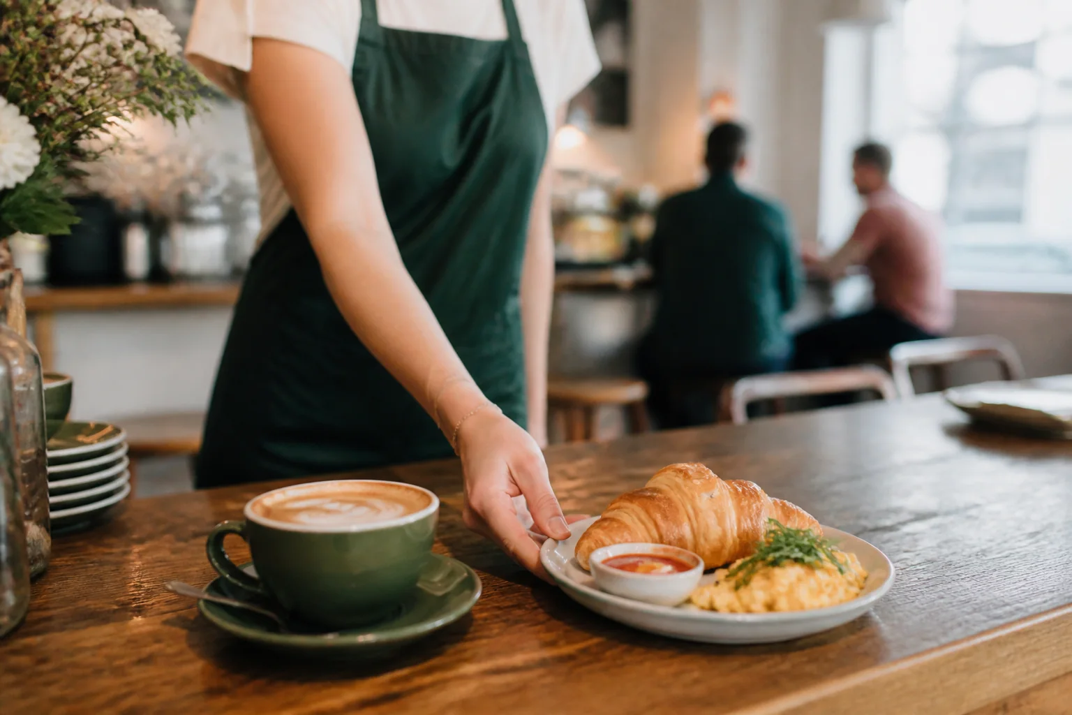 A café barista serving coffee, croissant and breakfast for a finished social media campaign