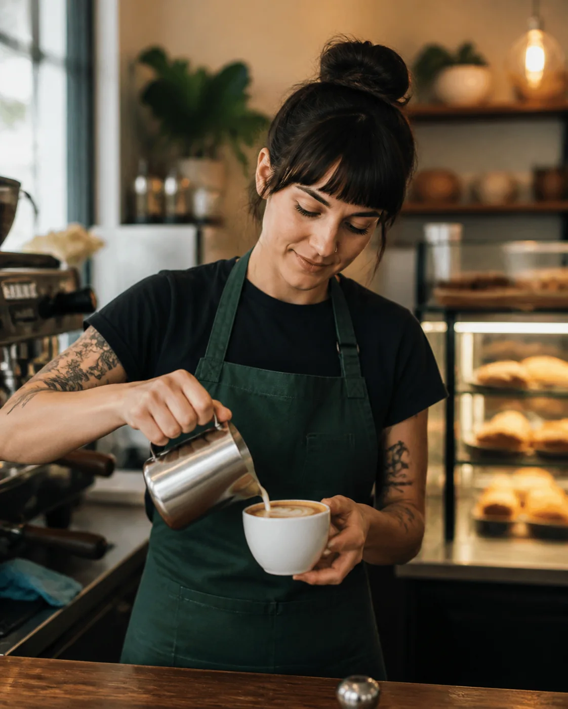 Vertical café campaign post: a barista making coffee