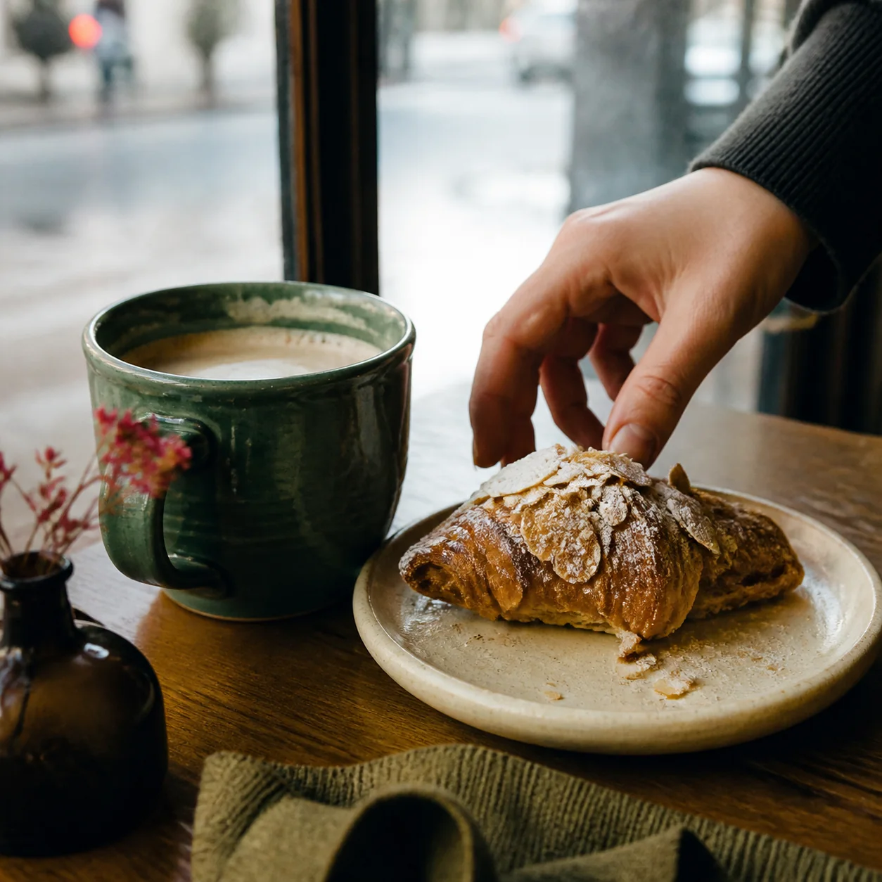 A green coffee cup and almond croissant photographed for a café social post