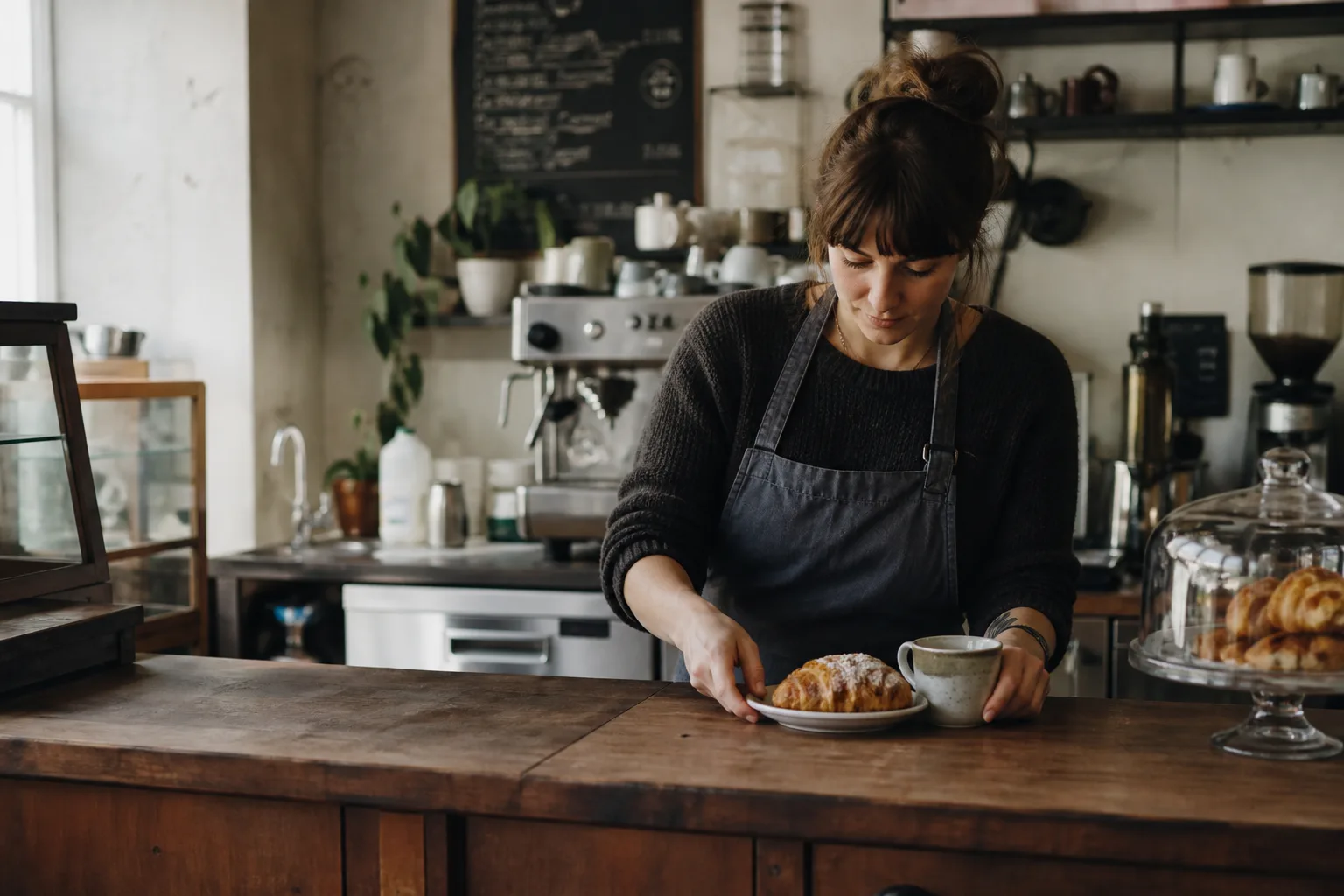 A café owner placing a pastry and coffee on the counter